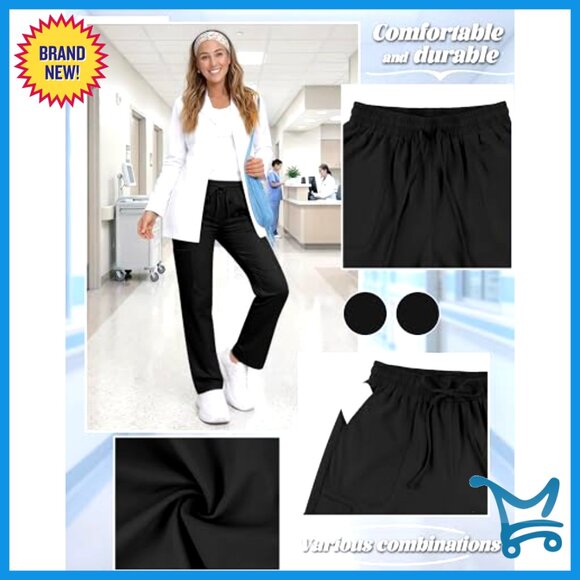 Women's Straight Leg Scrub Pants 2 Pack Lightweight Mid Rise 4 Pockets - Picture 5 of 7